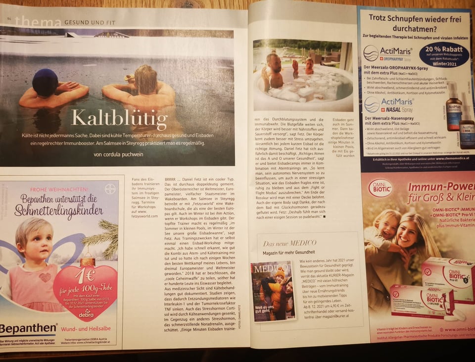 Doppelseite aus Kurier Freizeit mit dem Artikel Kaltblütig über Eisbaden mit Daniel Fetz