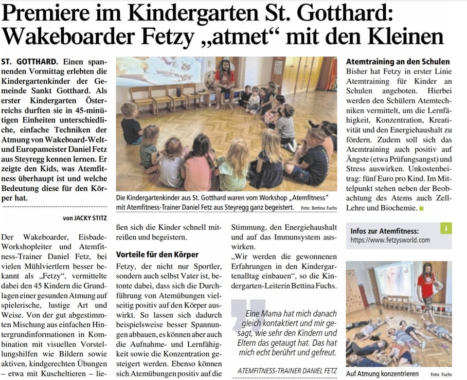 Zeitungsartikel der Tips über Daniel Fetz beim Atemfitness Workshop mit Kindern im Kindergarten St. Gotthard